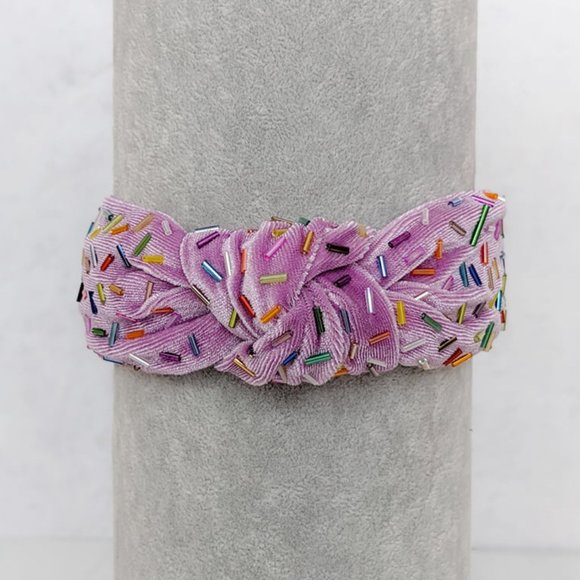 Lilac Confetti Beaded Knot Velvet Headband Rainbow Beads Handmade Knotted Turban main image 5